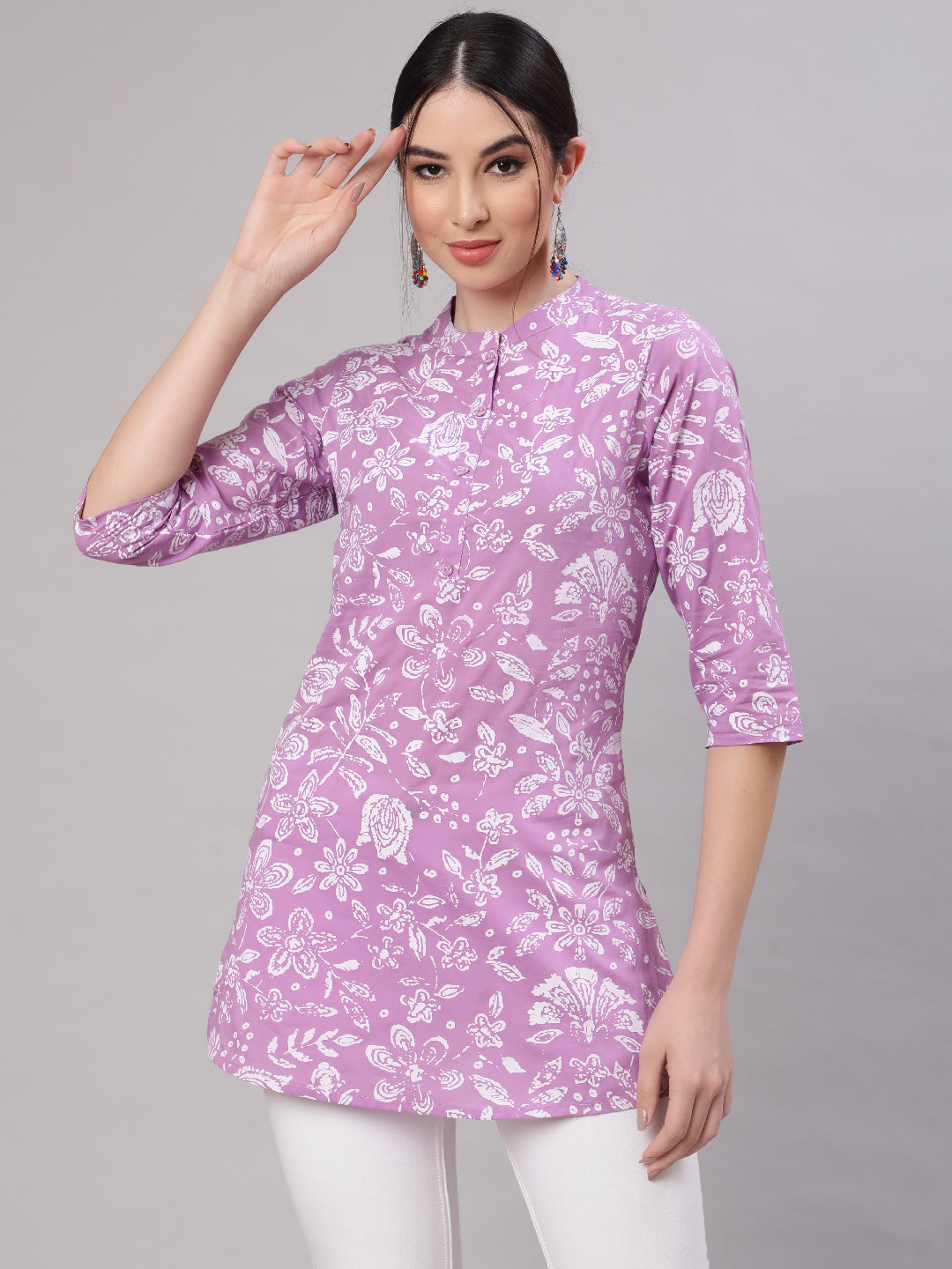 Women's Purple Straight Tunic With Three Quaretr Sleeves