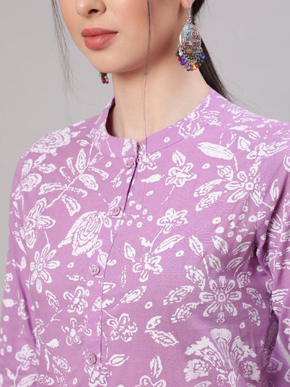 Women's Purple Straight Tunic With Three Quaretr Sleeves
