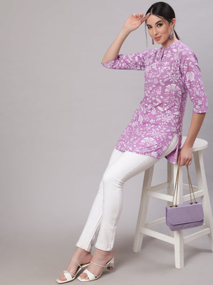 Women's Purple Straight Tunic With Three Quaretr Sleeves