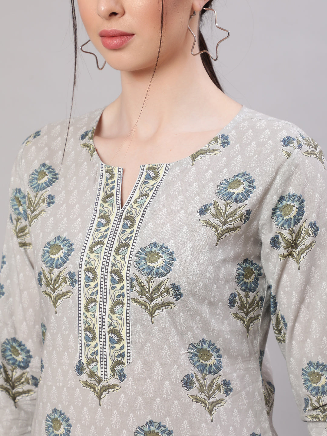 Women's Grey Ethnic Printed Straight Tunic