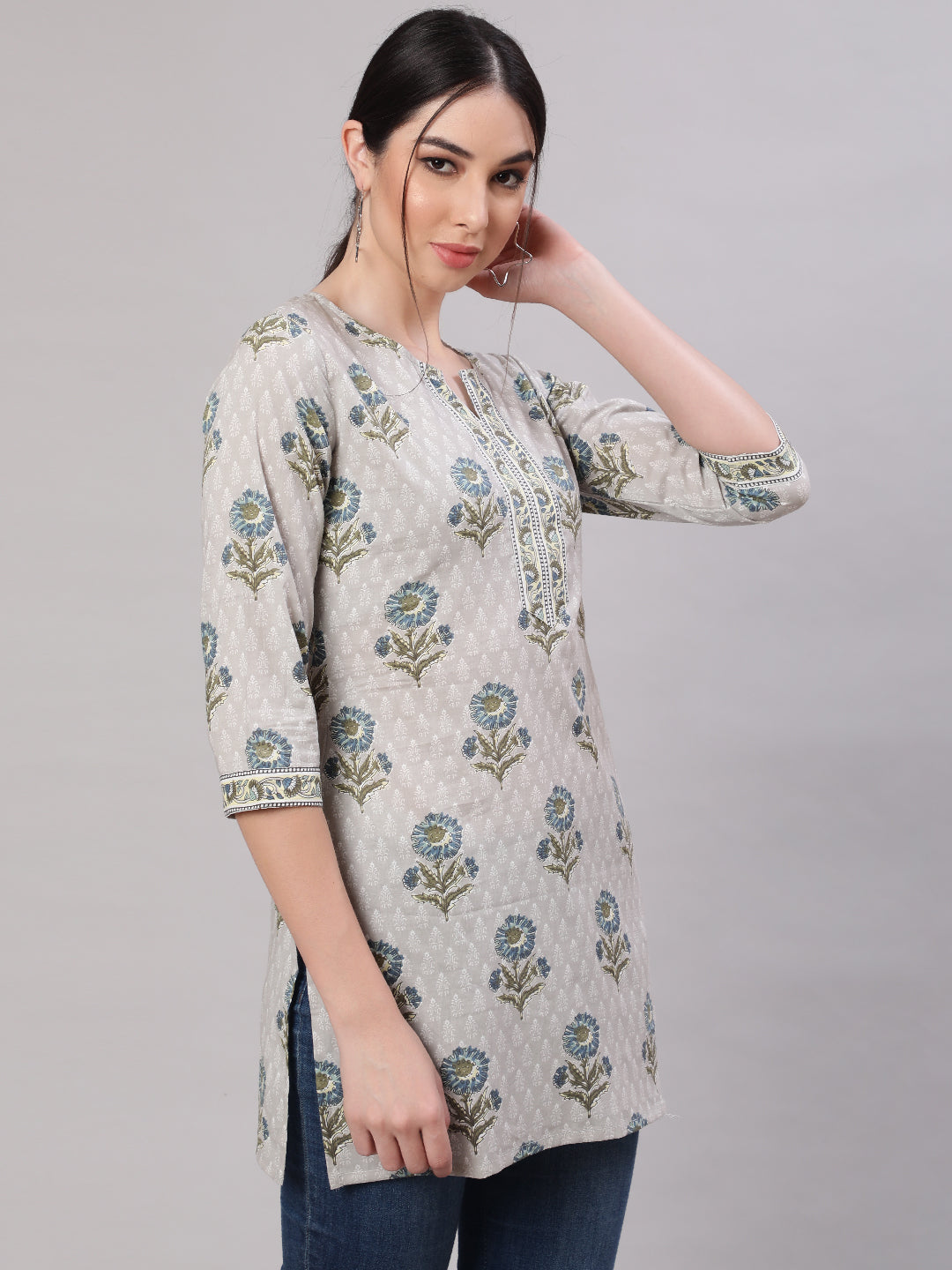 Women's Grey Ethnic Printed Straight Tunic