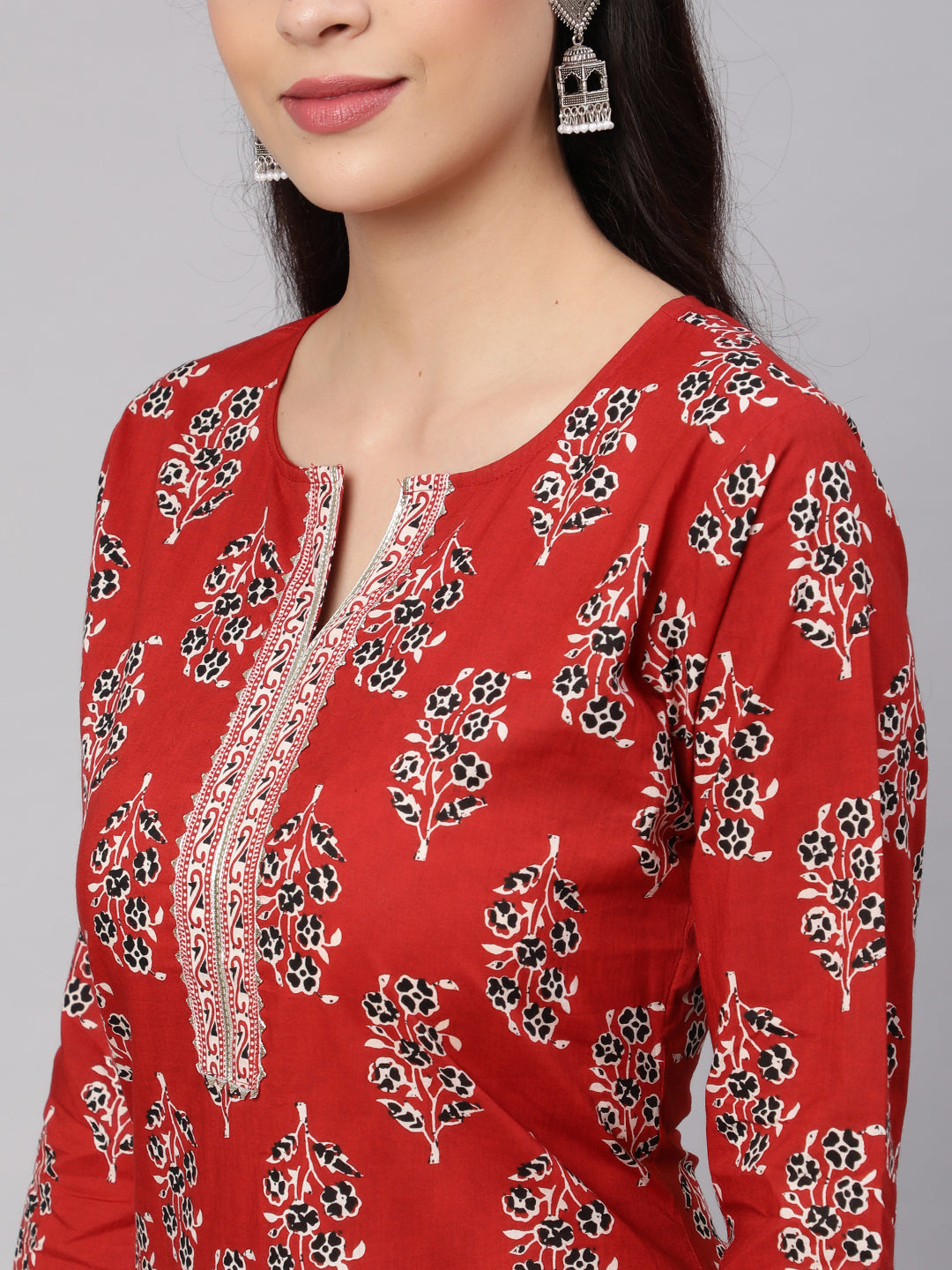 Women's Maroon Printed Straight Kurta With Three Quarter Sleeves