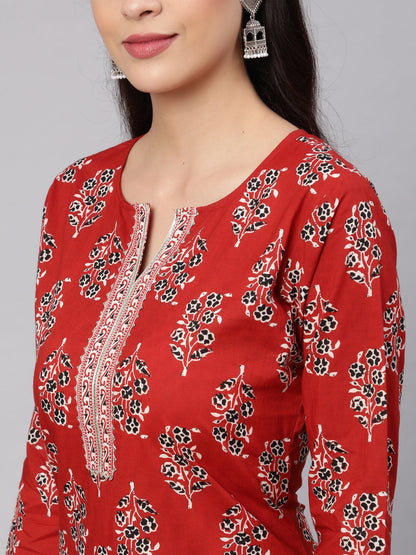 Women's Maroon Printed Straight Kurta With Three Quarter Sleeves