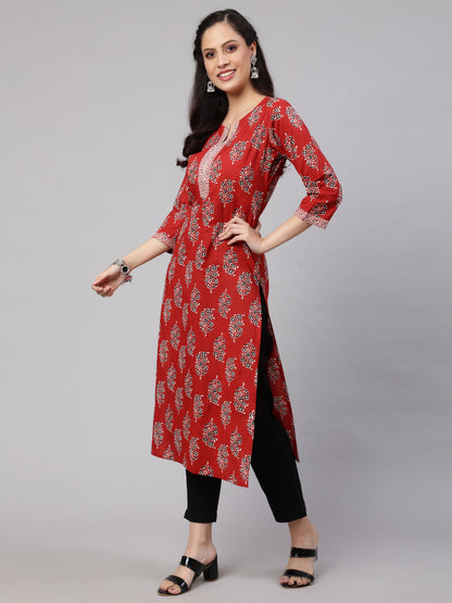 Women's Maroon Printed Straight Kurta With Three Quarter Sleeves