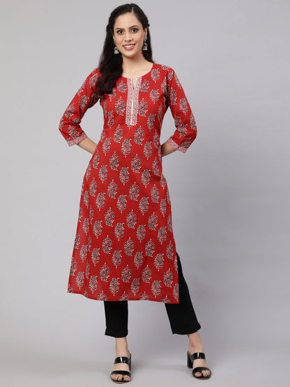 Women's Maroon Printed Straight Kurta With Three Quarter Sleeves