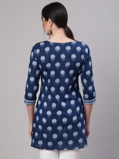 Women's Blue Straight Tunic With Three Quaretr Sleeves
