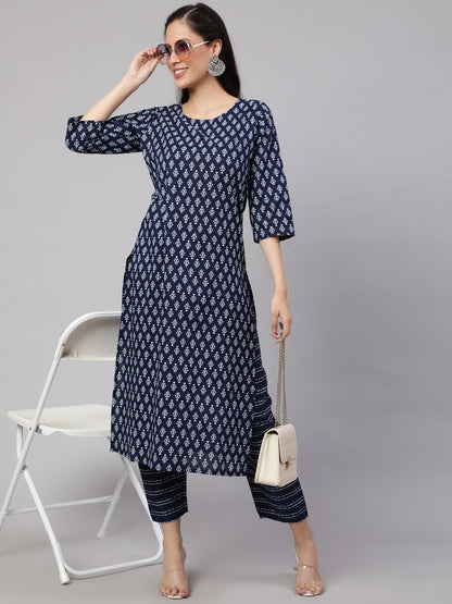 Women's Navy Blue Printed Straight Kurta With Trouser