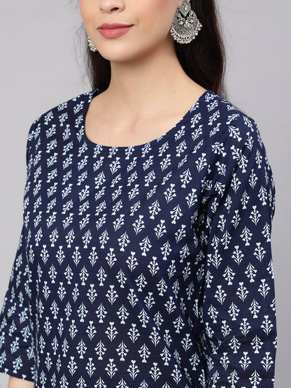 Women's Navy Blue Printed Straight Kurta With Trouser