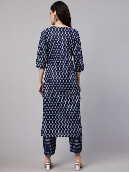 Women's Navy Blue Printed Straight Kurta With Trouser
