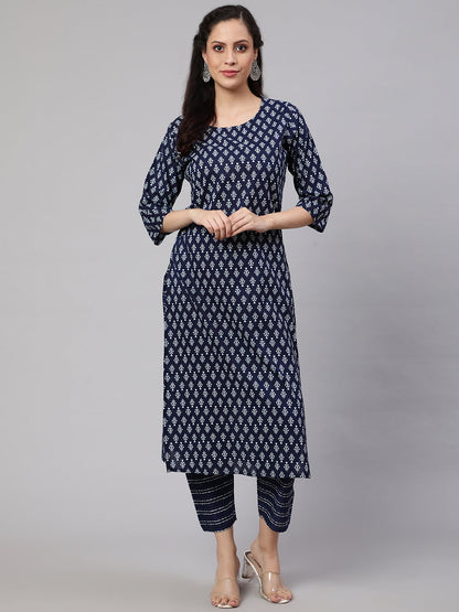 Women's Navy Blue Printed Straight Kurta With Trouser