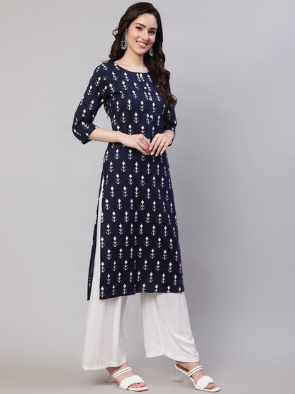 Women's Navy Blue Printed Straight Kurta With Three Quarter Sleeves