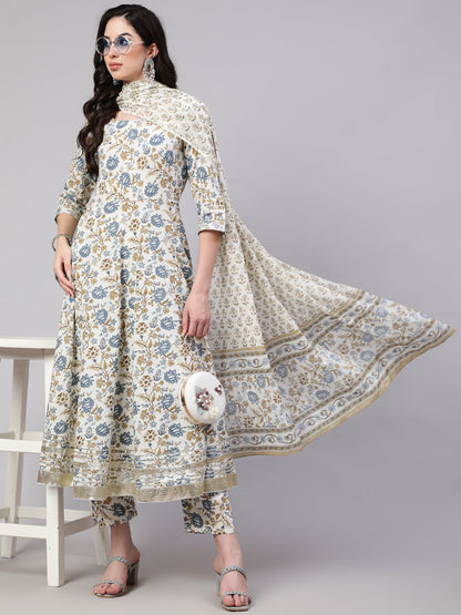 Women's Off-White Floral Printed Flared Kurta With Trouser And Dupatta