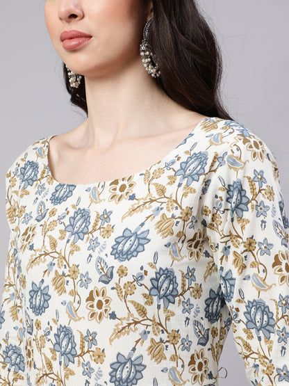 Women's Off-White Floral Printed Flared Kurta With Trouser And Dupatta