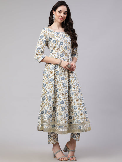 Women's Off-White Floral Printed Flared Kurta With Trouser And Dupatta