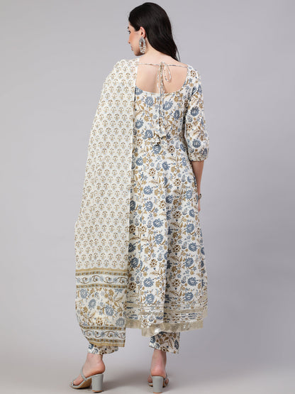 Women's Off-White Floral Printed Flared Kurta With Trouser And Dupatta