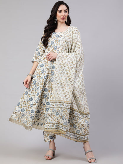 Women's Off-White Floral Printed Flared Kurta With Trouser And Dupatta