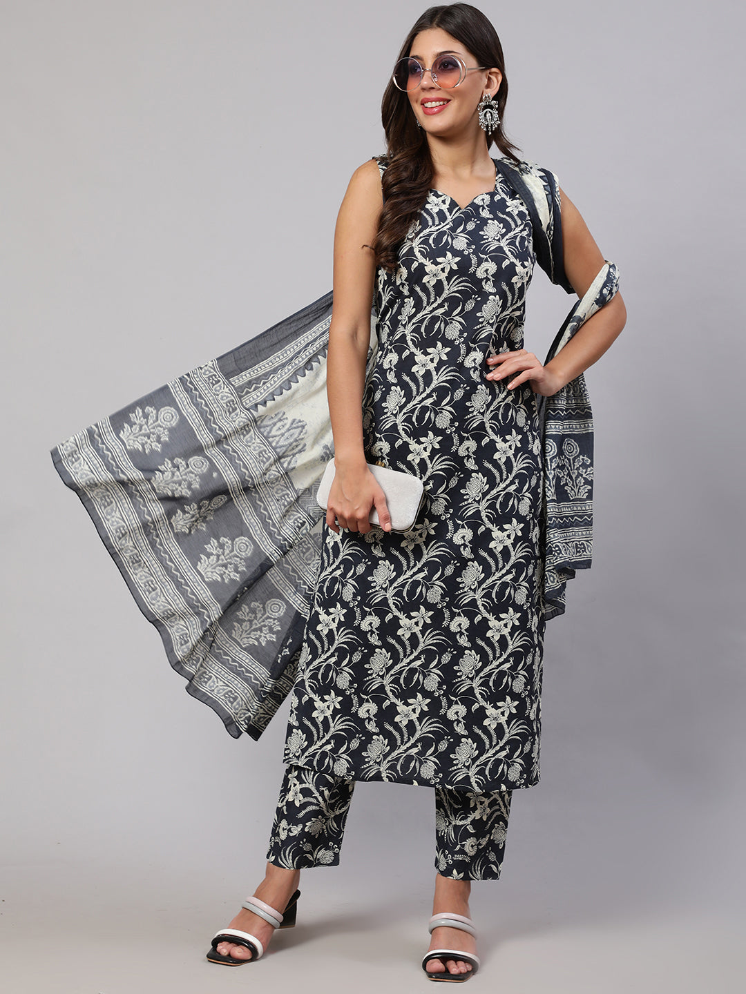 Women's Grey Paisely Printed Straight Kurta With Trouser And Dupatta