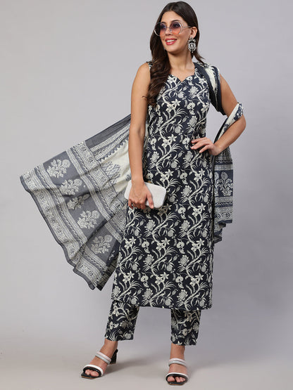 Women's Grey Paisely Printed Straight Kurta With Trouser And Dupatta