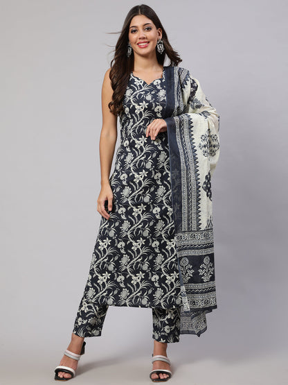 Women's Grey Paisely Printed Straight Kurta With Trouser And Dupatta