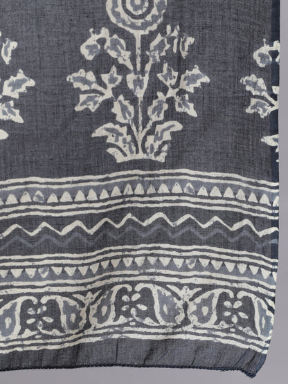 Women's Grey Paisely Printed Straight Kurta With Trouser And Dupatta
