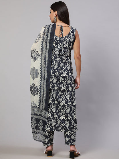 Women's Grey Paisely Printed Straight Kurta With Trouser And Dupatta