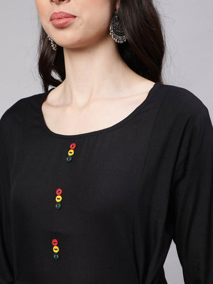 Women's Black A-line Kurta With Three Quarter Sleeves
