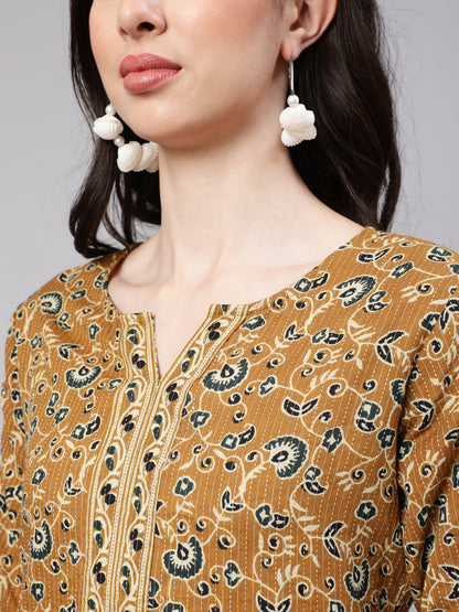Women's Wome Mustrad Printed Straight Kurta Three Quarter Sleeves