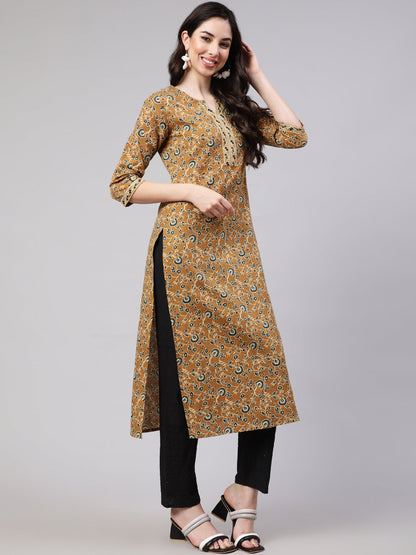 Women's Wome Mustrad Printed Straight Kurta Three Quarter Sleeves