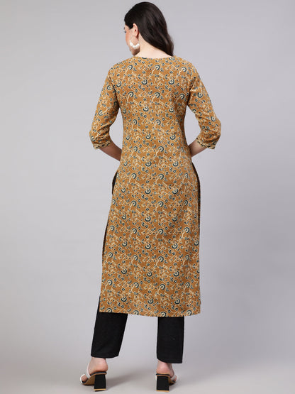 Women's Wome Mustrad Printed Straight Kurta Three Quarter Sleeves