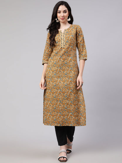 Women's Wome Mustrad Printed Straight Kurta Three Quarter Sleeves