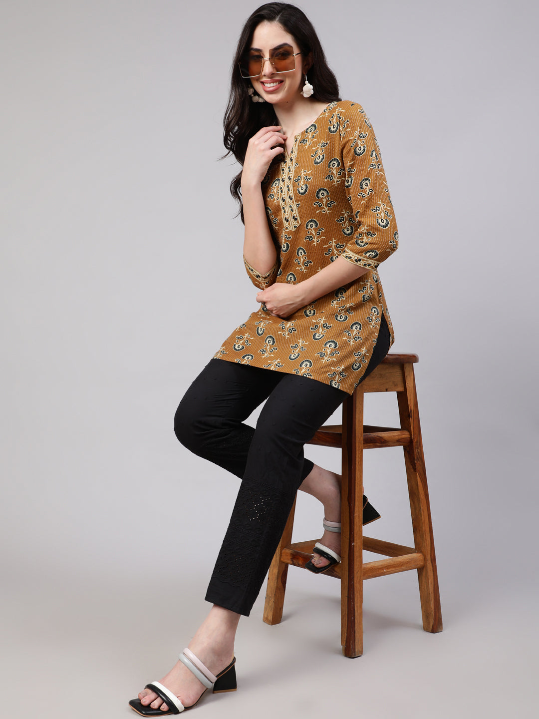 Women's Mustard Straight Tunic With Three Quaretr Sleeves