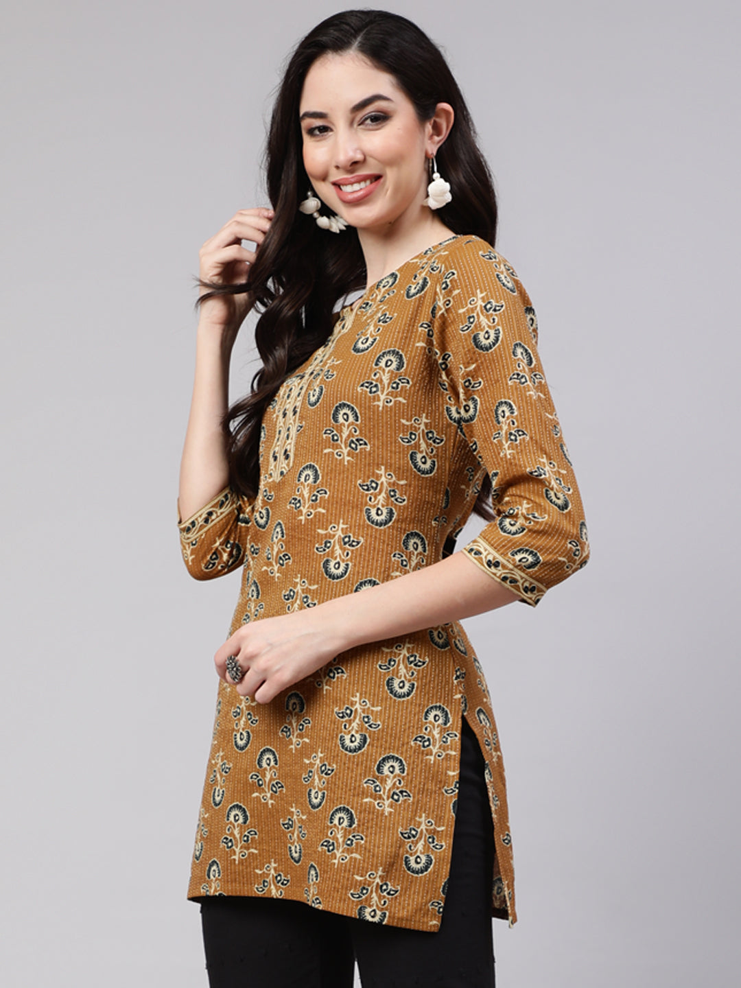 Women's Mustard Straight Tunic With Three Quaretr Sleeves