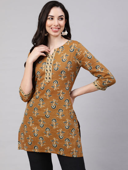 Women's Mustard Straight Tunic With Three Quaretr Sleeves
