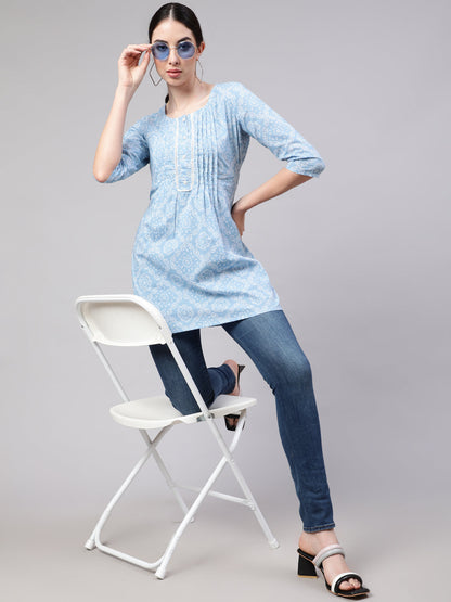 Women's Blue Straight Tunic With Three Quaretr Sleeves