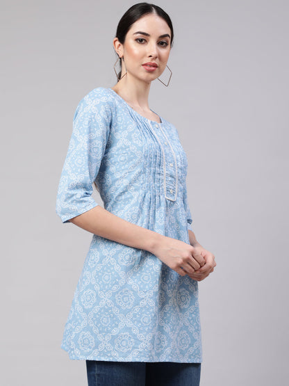 Women's Blue Straight Tunic With Three Quaretr Sleeves