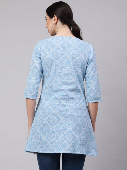 Women's Blue Straight Tunic With Three Quaretr Sleeves