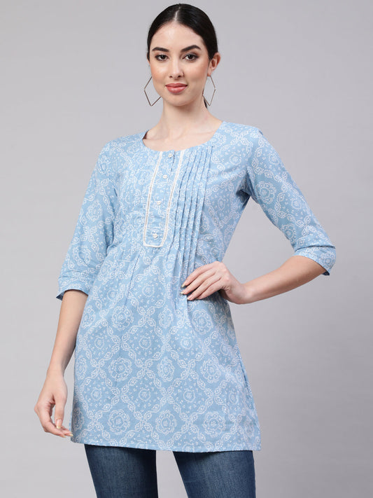 Women's Blue Straight Tunic With Three Quaretr Sleeves