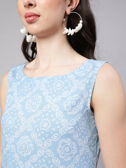 Women's Blue Ethnic Printed Straight Sleevless Kurta