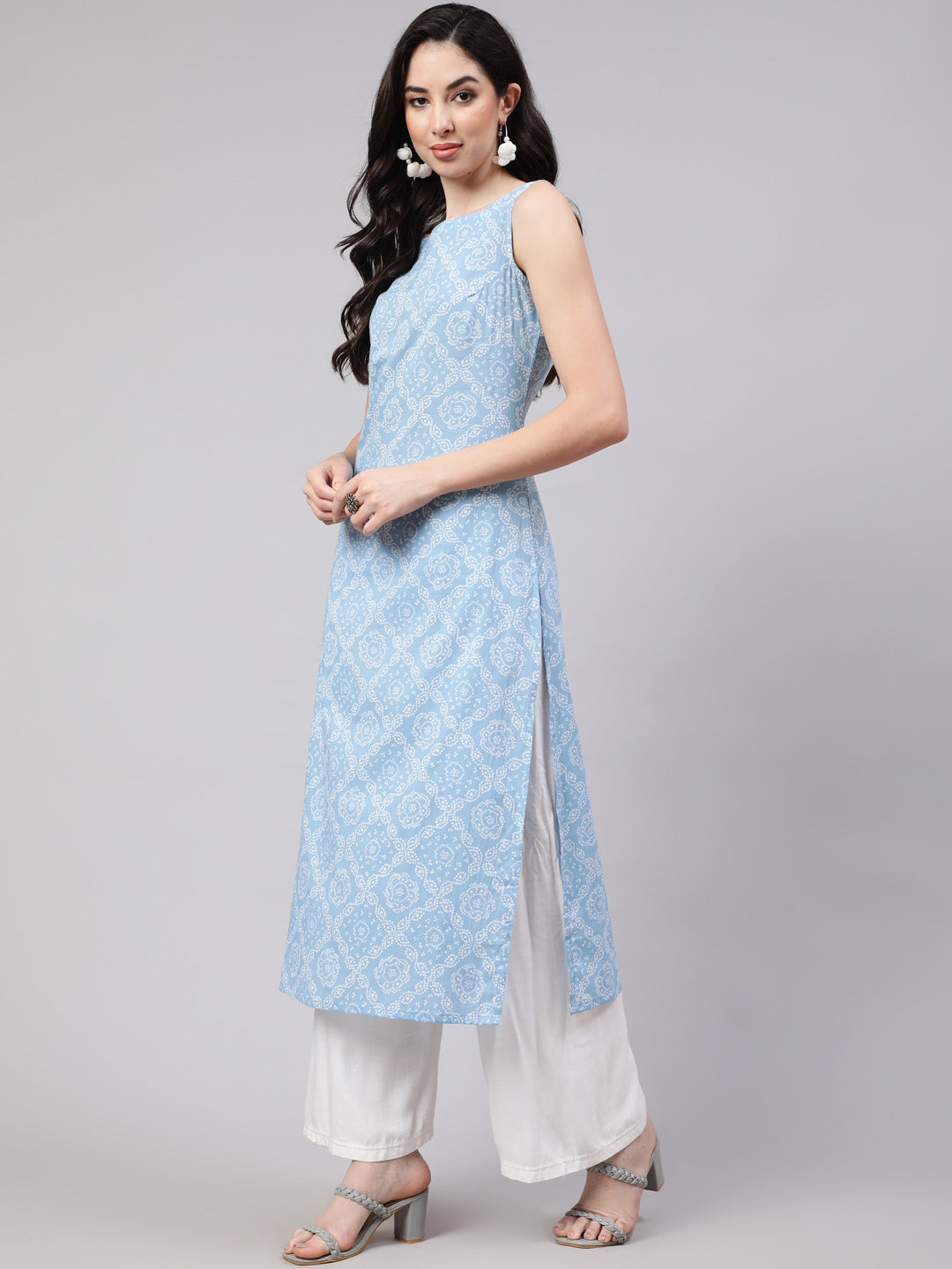Women's Blue Ethnic Printed Straight Sleevless Kurta