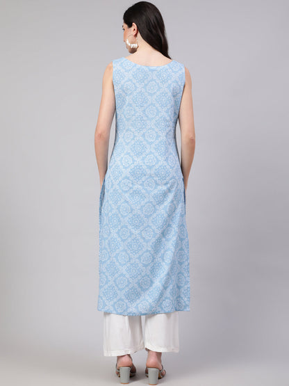 Women's Blue Ethnic Printed Straight Sleevless Kurta