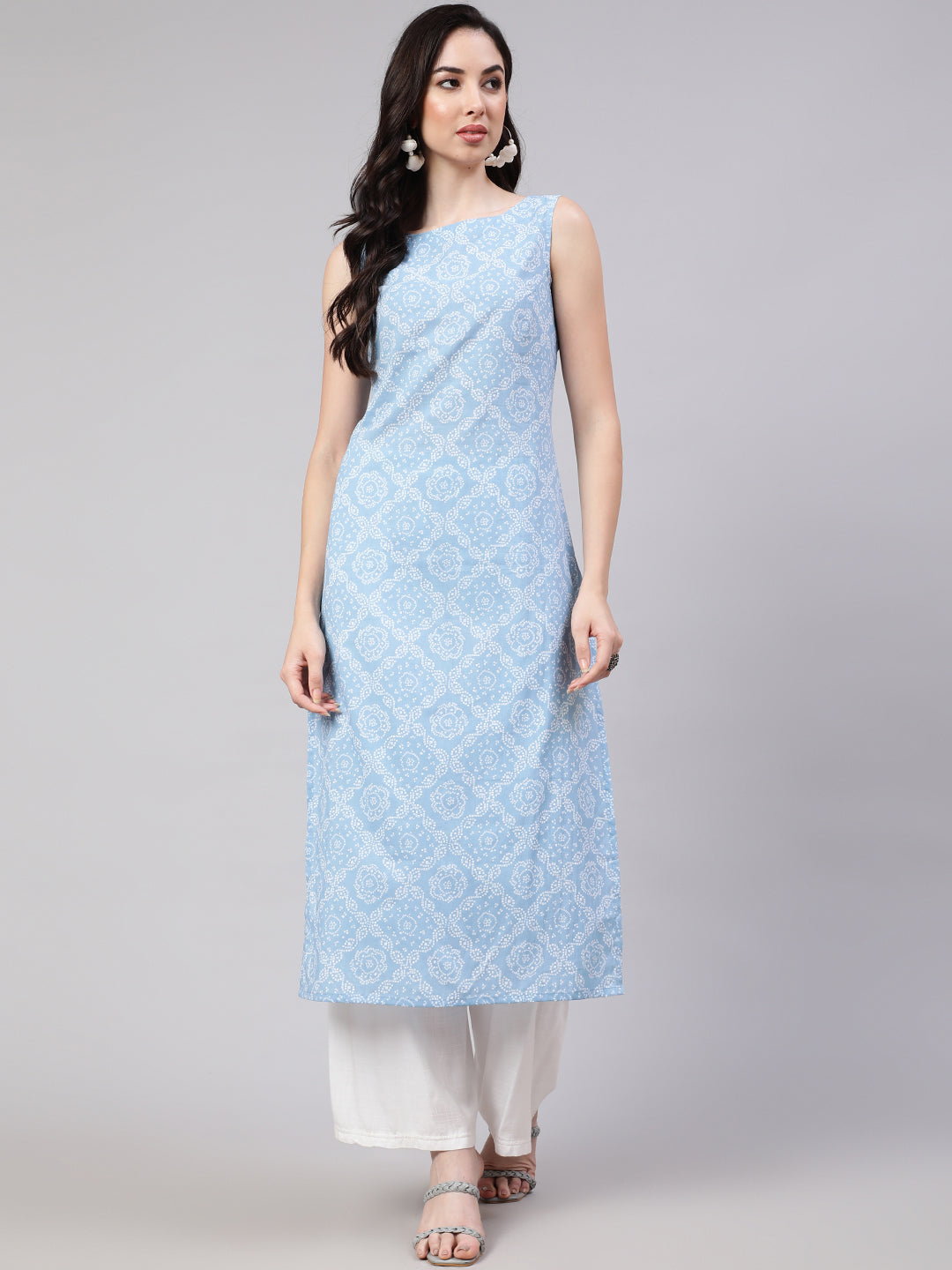 Women's Blue Ethnic Printed Straight Sleevless Kurta