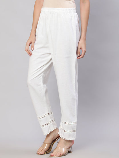 Women's White Solid Pant With Lace Details