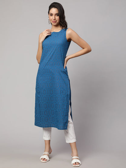 Women's Blue Printed Straight Sleeveless Kurta