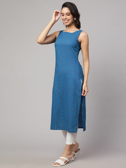 Women's Blue Printed Straight Sleeveless Kurta
