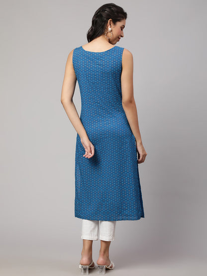 Women's Blue Printed Straight Sleeveless Kurta