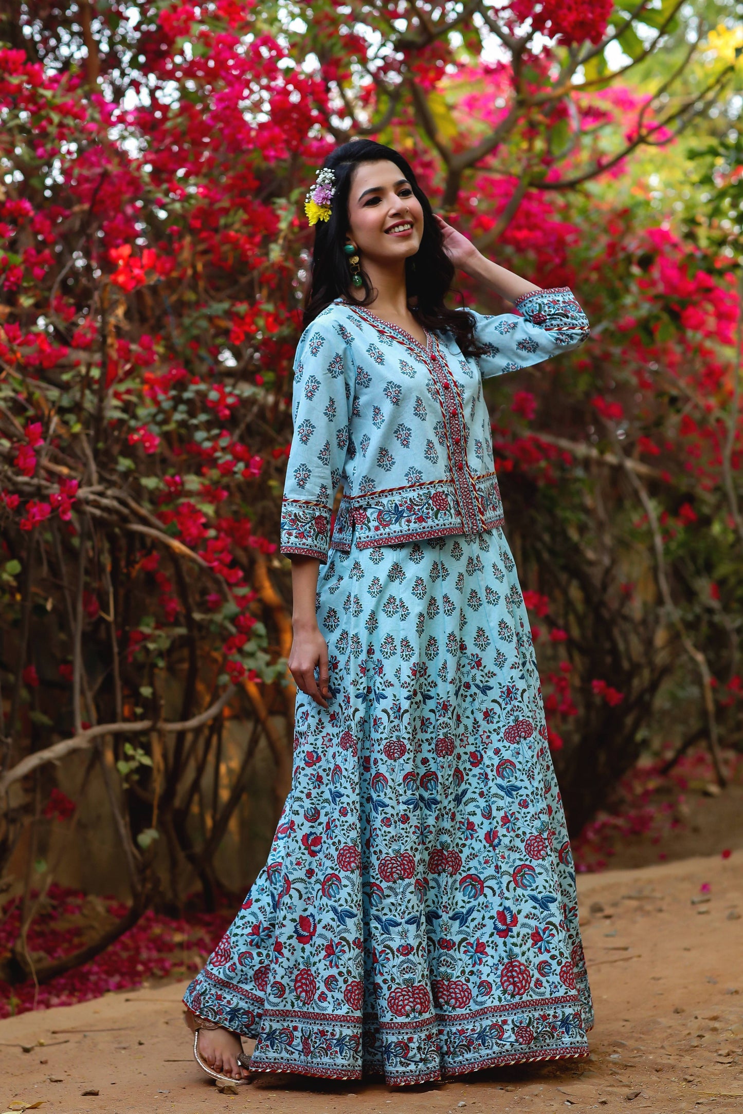 Women's Blue Cambric Floral Print Top Skirt Set With Rubber-Band