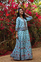 Women's Blue Cambric Floral Print Top Skirt Set With Rubber-Band