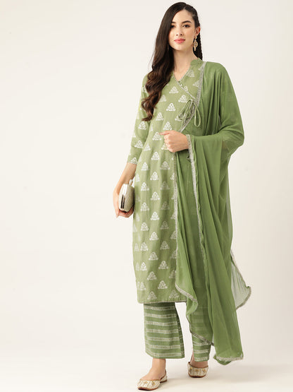 Women's Elaichi Color Rayon Blend Straight Printed Kurta Palazzo With Dupatta