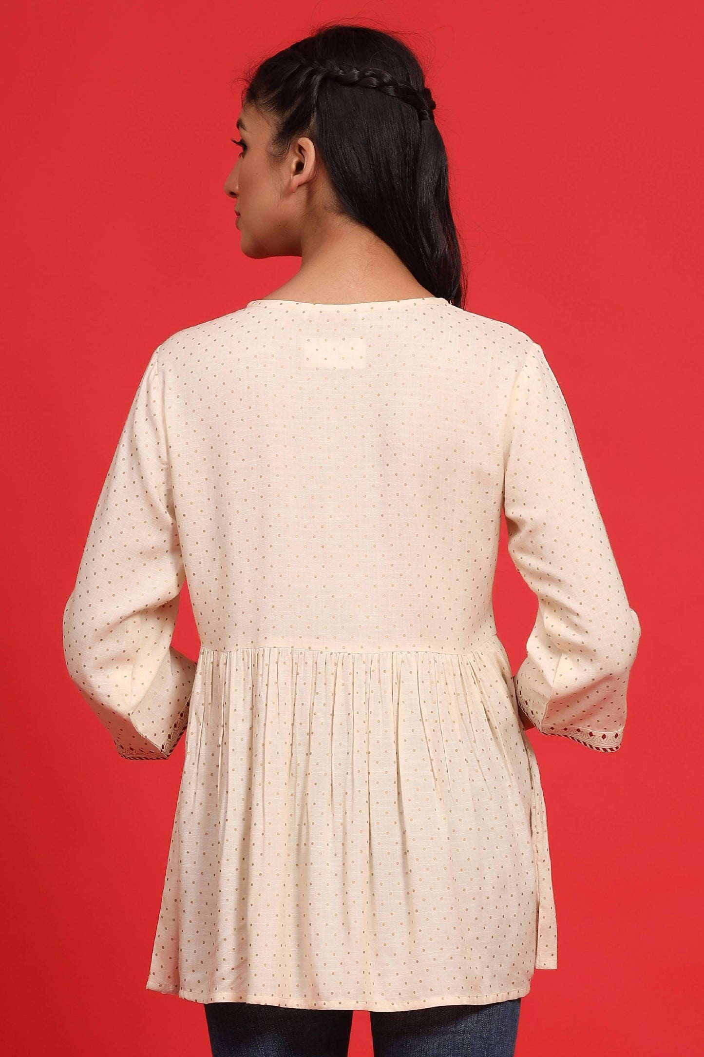 Buy_Women's_Ivory_Rayon_Slub_Polka_Print_Peplum_Tunic_With_Mask_Online_Trendia