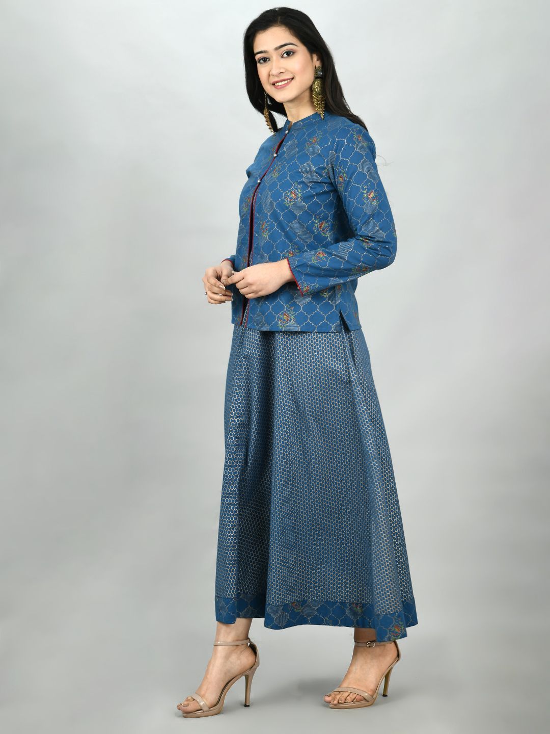 Women's Blue Cotton Printed Full Sleeve Mandarin Neck Casual Kurta Jacket Set